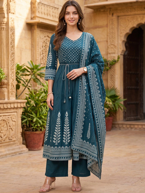 Anouk Rustic Women Ethnic Motifs Printed Tiered Pure Cotton Kurta with Palazzos & With Dupatta - Image 2