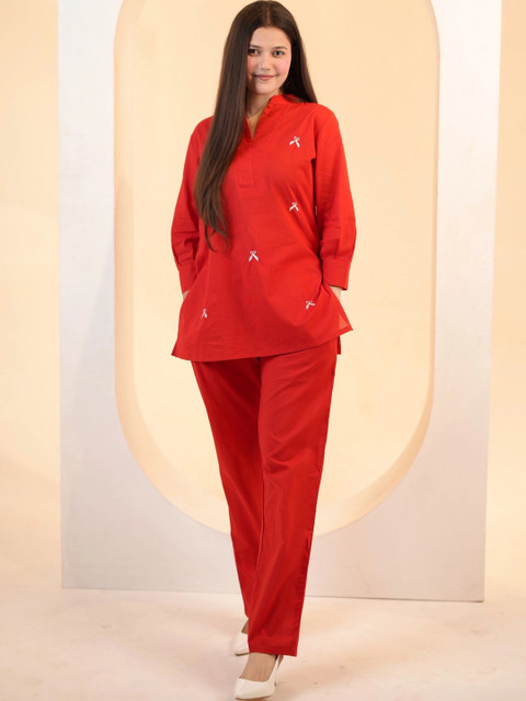 Deeps Fashion Bow Detail Embroidered Top with Trousers