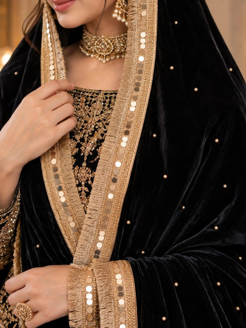 GLOBAL DRESS Ethnic Motifs Embroidered Velvet Dupatta with Sequinned - Image 3