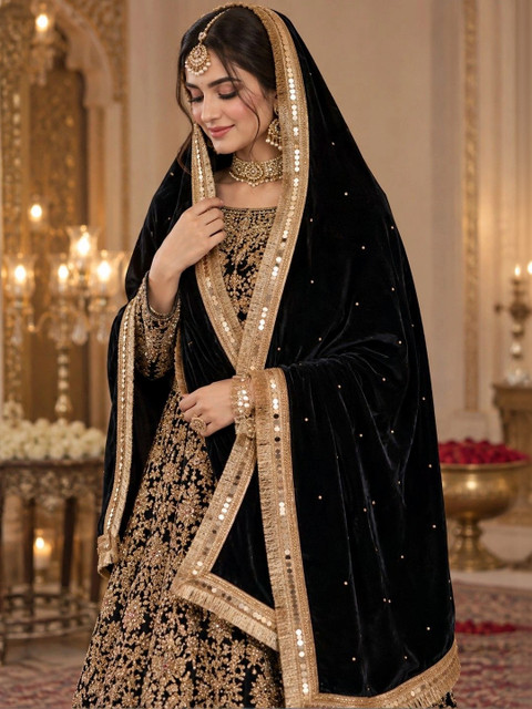 GLOBAL DRESS Ethnic Motifs Embroidered Velvet Dupatta with Sequinned - Image 4
