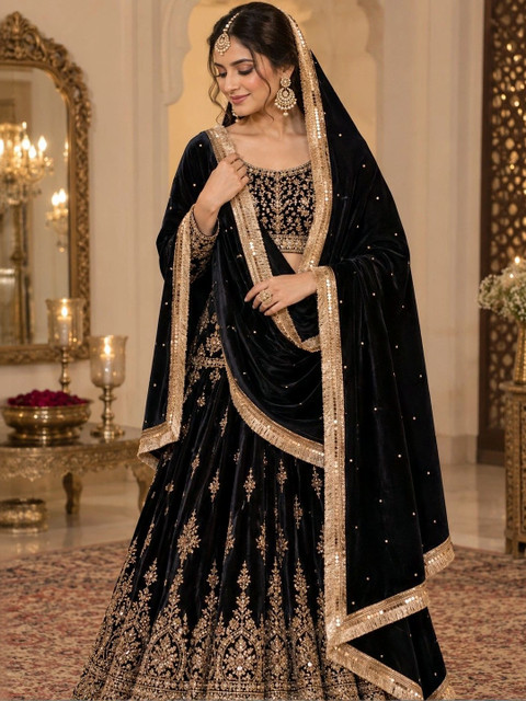 GLOBAL DRESS Ethnic Motifs Embroidered Velvet Dupatta with Sequinned - Image 2