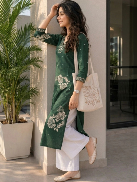 Zyla Women Floral Embroidered Thread Work Floral Kurta - Image 3