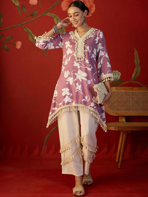 Sangria Floral Printed Tunic with Trousers