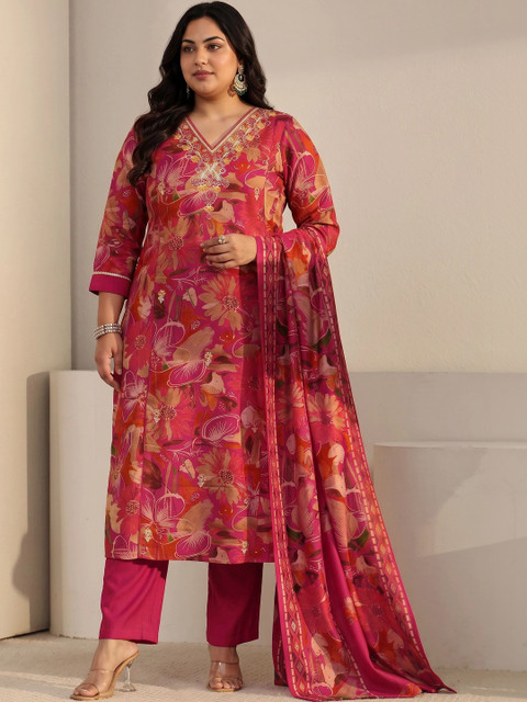 EXTRA LOVE BY LIBAS Women Floral Printed Regular Thread Work Kurta with Trousers & With Dupatta