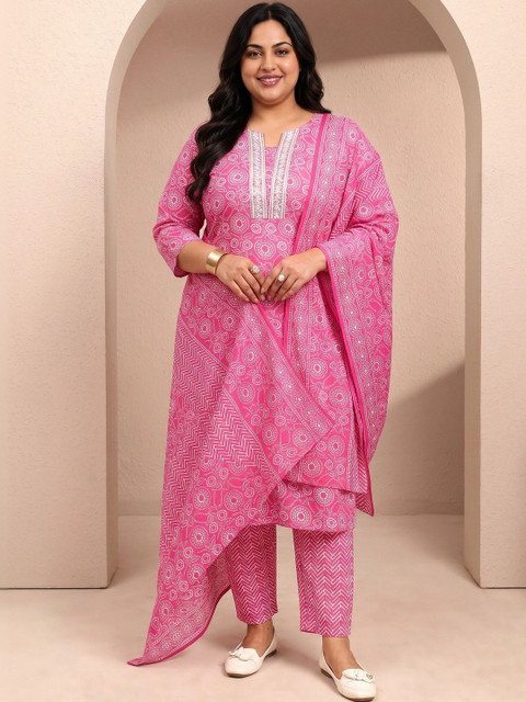 EXTRA LOVE BY LIBAS Women Ethnic Motifs Printed Regular Thread Work Kurta with Trousers & With Dupatta - Image 3