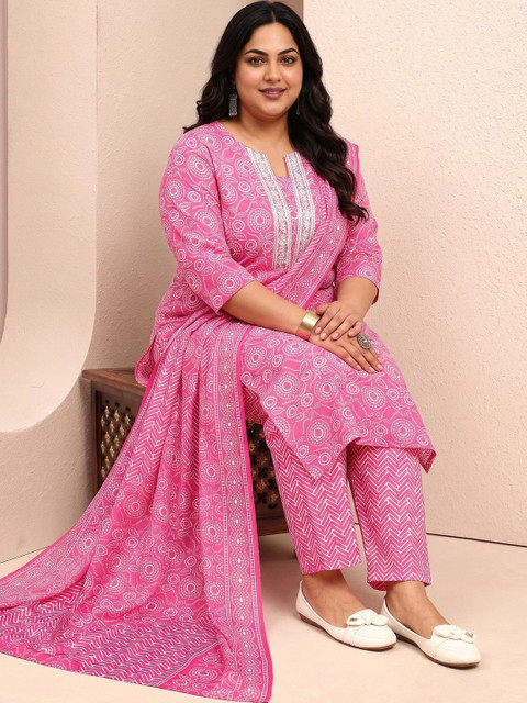EXTRA LOVE BY LIBAS Women Ethnic Motifs Printed Regular Thread Work Kurta with Trousers & With Dupatta