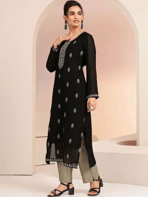 Libas Black Ethnic Embroidered Silk Blend Straight Kurta - Image 4