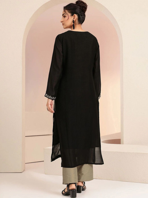 Libas Black Ethnic Embroidered Silk Blend Straight Kurta - Image 6