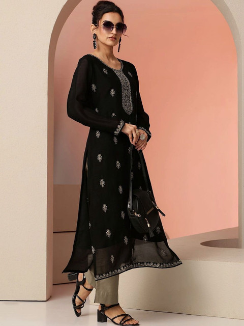 Libas Black Ethnic Embroidered Silk Blend Straight Kurta - Image 5