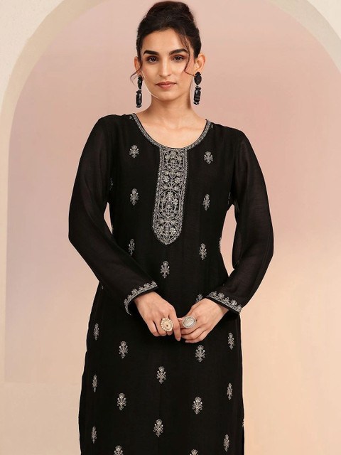 Libas Black Ethnic Embroidered Silk Blend Straight Kurta - Image 3
