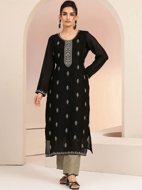 Libas Black Ethnic Embroidered Silk Blend Straight Kurta