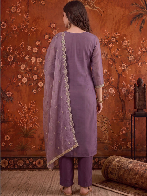 Sangria Women Ethnic Motifs Regular Chanderi Cotton Kurta with Trousers & With Dupatta - Image 3