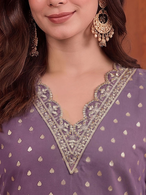 Sangria Women Ethnic Motifs Regular Chanderi Cotton Kurta with Trousers & With Dupatta - Image 5
