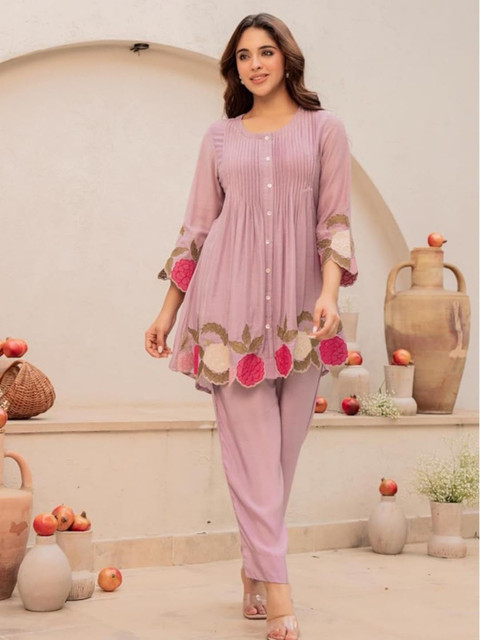 Pink World Romantic Florals Cotton Embroidered Tunic with Trousers