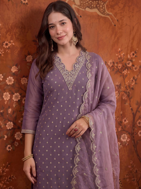 Sangria Women Ethnic Motifs Regular Chanderi Cotton Kurta with Trousers & With Dupatta - Image 2