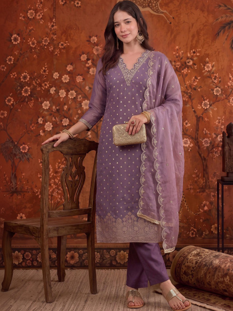 Sangria Women Ethnic Motifs Regular Chanderi Cotton Kurta with Trousers & With Dupatta