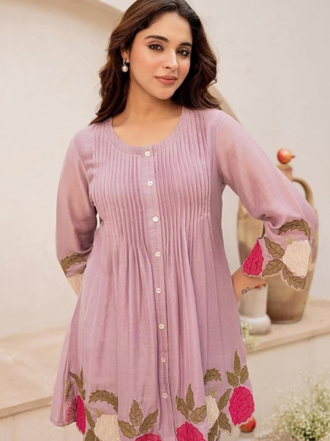 Pink World Romantic Florals Cotton Embroidered Tunic with Trousers - Image 5