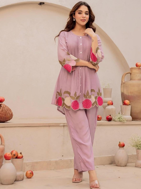 Pink World Romantic Florals Cotton Embroidered Tunic with Trousers - Image 3