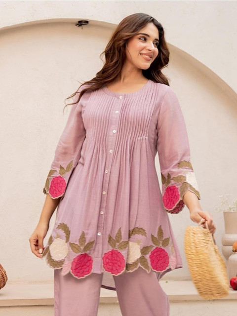 Pink World Romantic Florals Cotton Embroidered Tunic with Trousers - Image 4