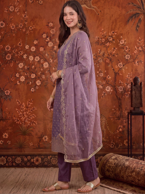 Sangria Women Ethnic Motifs Regular Chanderi Cotton Kurta with Trousers & With Dupatta - Image 6