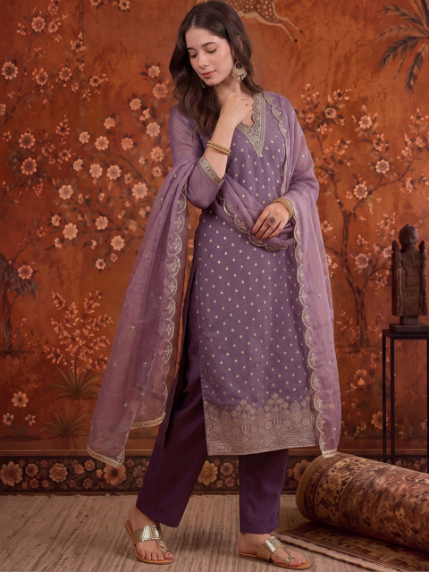 Sangria Women Ethnic Motifs Regular Chanderi Cotton Kurta with Trousers & With Dupatta - Image 7