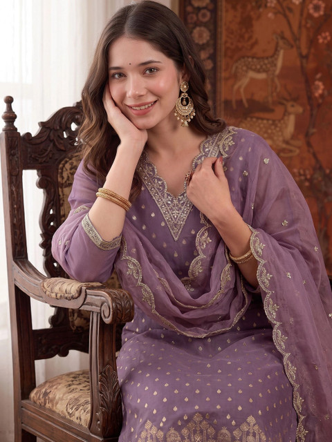 Sangria Women Ethnic Motifs Regular Chanderi Cotton Kurta with Trousers & With Dupatta - Image 4