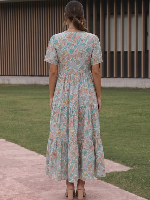 Sangria Print Tie-Up Neck Puff Sleeve Ruffled A-Line Midi Dress - Image 4