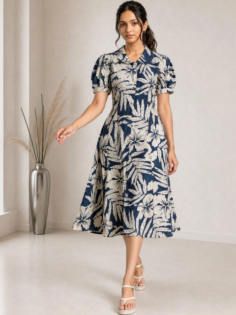 Moda Rapido Floral Print Puff Sleeve A-Line Midi Dress