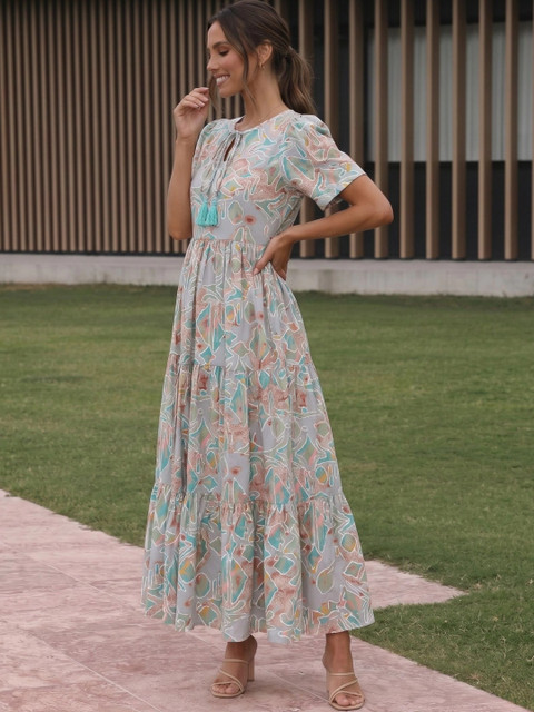 Sangria Print Tie-Up Neck Puff Sleeve Ruffled A-Line Midi Dress - Image 5