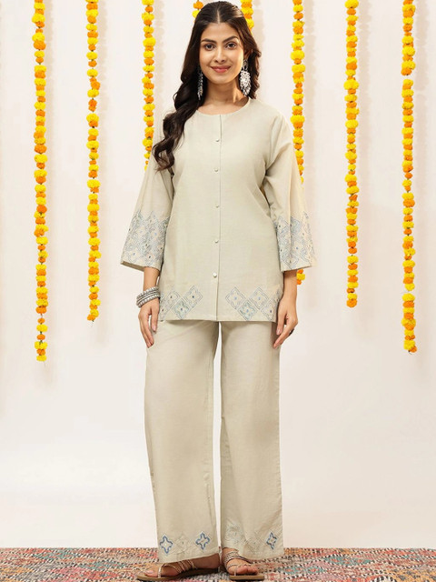 Vbuyz Cotton Embroidered Top with Palazzos