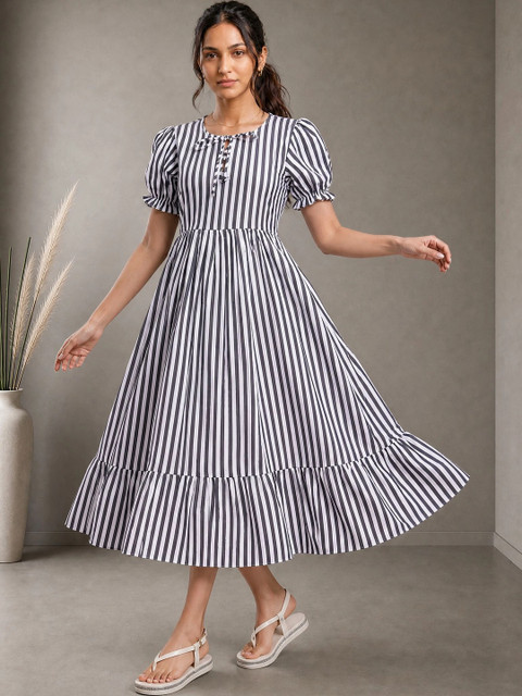 QENA Striped Puff Sleeve Ruffled Fit & Flare Midi Dress