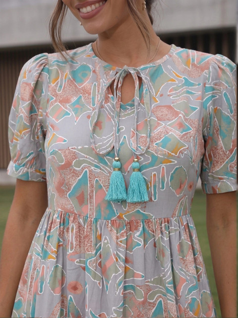 Sangria Print Tie-Up Neck Puff Sleeve Ruffled A-Line Midi Dress - Image 3