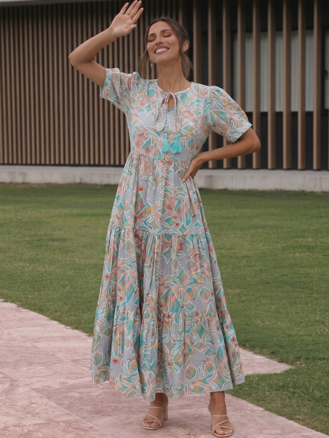 Sangria Print Tie-Up Neck Puff Sleeve Ruffled A-Line Midi Dress - Image 2