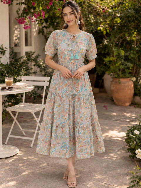 Sangria Print Tie-Up Neck Puff Sleeve Ruffled A-Line Midi Dress