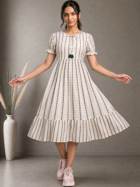 QENA Print Puff Sleeve Fit & Flare Midi Dress