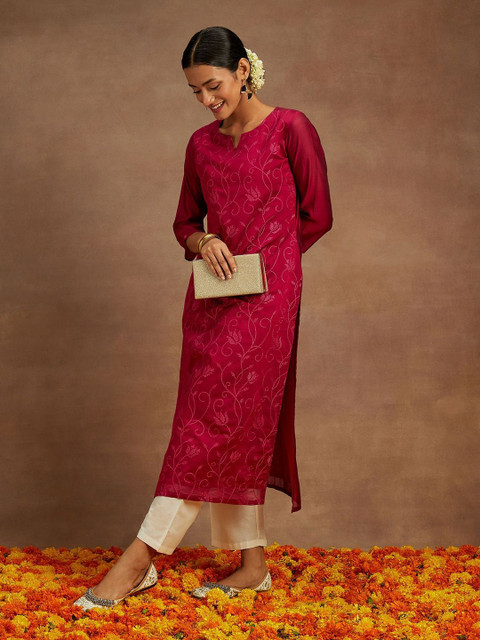 Libas Floral Embroidered Notch Neck Chanderi Silk Straight Kurta