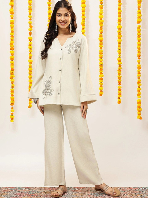 Vbuyz Romantic Florals Cotton Embroidered Top with Palazzos