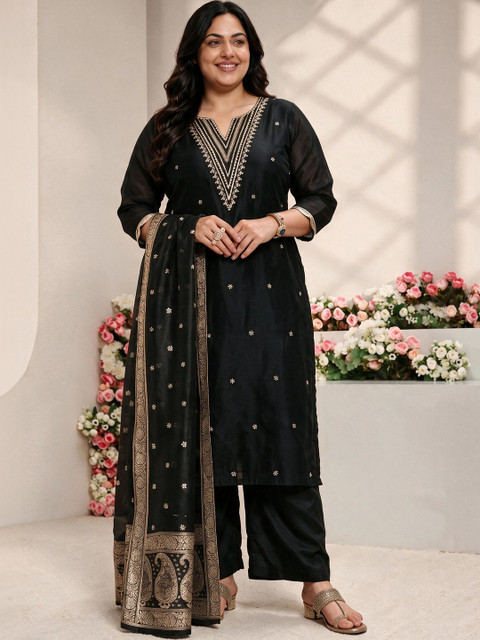 EXTRA LOVE BY LIBAS Women Ethnic Motifs Embroidered Regular Kurta with Trousers & With Dupatta - Image 5