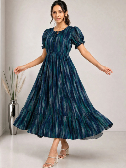 QENA Print Puff Sleeve Georgette A-Line Maxi Dress
