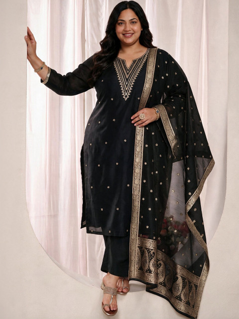 EXTRA LOVE BY LIBAS Women Ethnic Motifs Embroidered Regular Kurta with Trousers & With Dupatta - Image 3