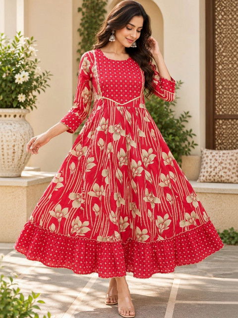RANGEELO JAIPUR Women Floral Printed Gotta Patti Floral Anarkali Kurta