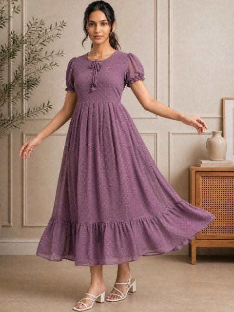 QENA Print Puff Sleeve Ruffled Georgette A-Line Midi Dress