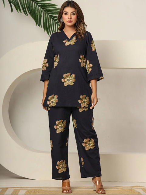 VEDANA Romantic Florals Cotton Printed Top with Trousers