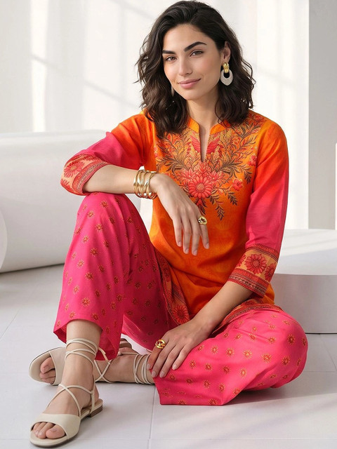 Libas Women Floral Printed Regular Silk Chiffon Kurta with Palazzos - Image 5