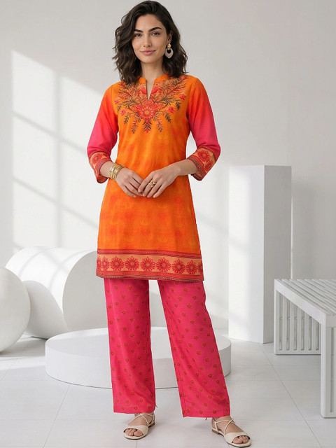 Libas Women Floral Printed Regular Silk Chiffon Kurta with Palazzos