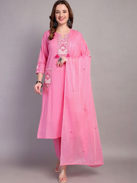 KALINI Women Ethnic Motifs Embroidered Regular Thread Work Pure Cotton Kurta with Trousers & With Dupatta