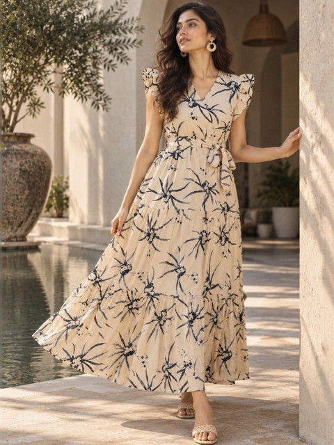 Sangria Print Puff Sleeve Ruffled Maxi Dress