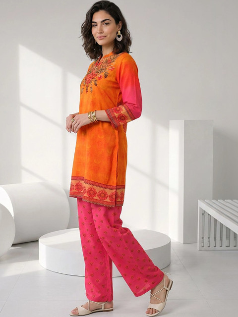 Libas Women Floral Printed Regular Silk Chiffon Kurta with Palazzos - Image 4