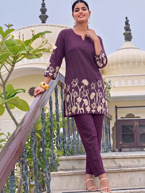 P Three Pluse Women Embroidered Top with Trousers