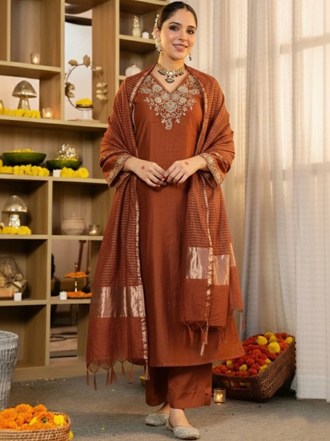 Keitra Women Ethnic Motifs Embroidered Regular Thread Work Kurta with Trousers & With Dupatta